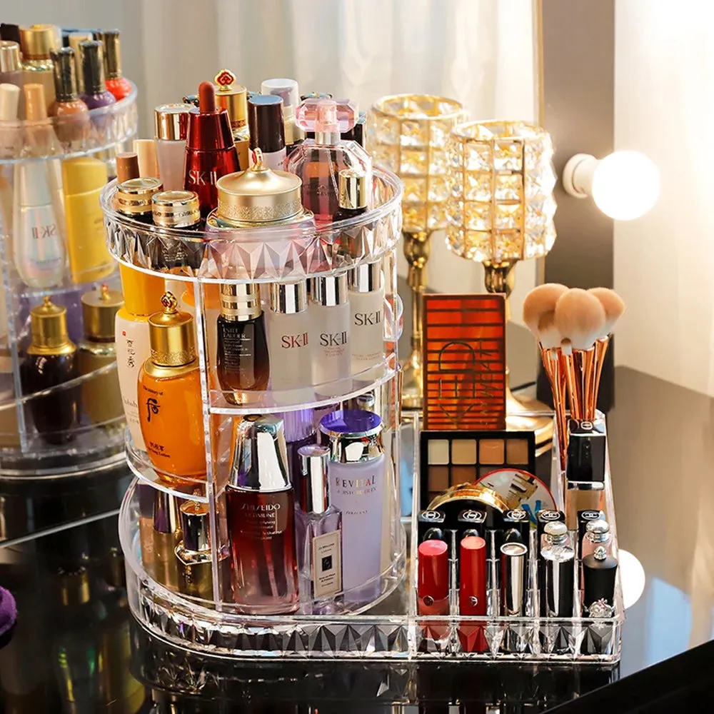( NET) 360 Rotating Makeup Beauty Organizer Acrylic Box Dresser Lipstick Skin Care Shelf Diamond Pattern Cosmetics Receiving Box