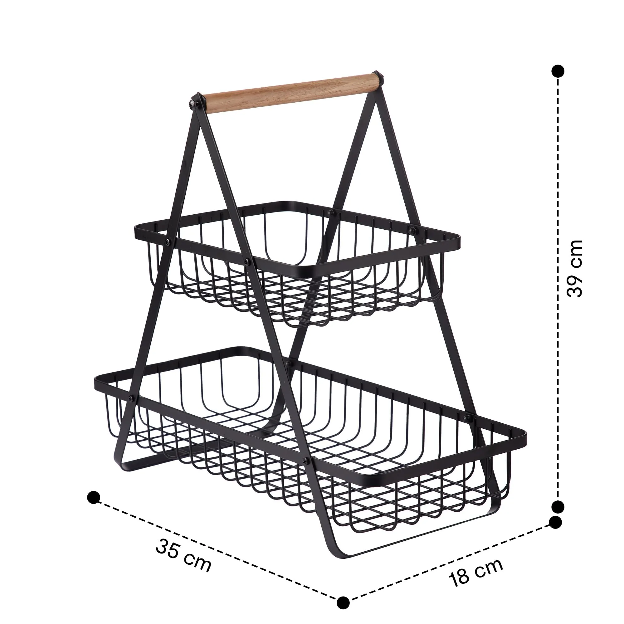 Anko 2 Tier Storage Basket | Decorative Fruit & Vegetable rack for Home, Kitchen, Bathroom | Countertop Stand Organizer For Dining Table, Cabinet, Shelf | Metal With Rubberwood Handle - Black