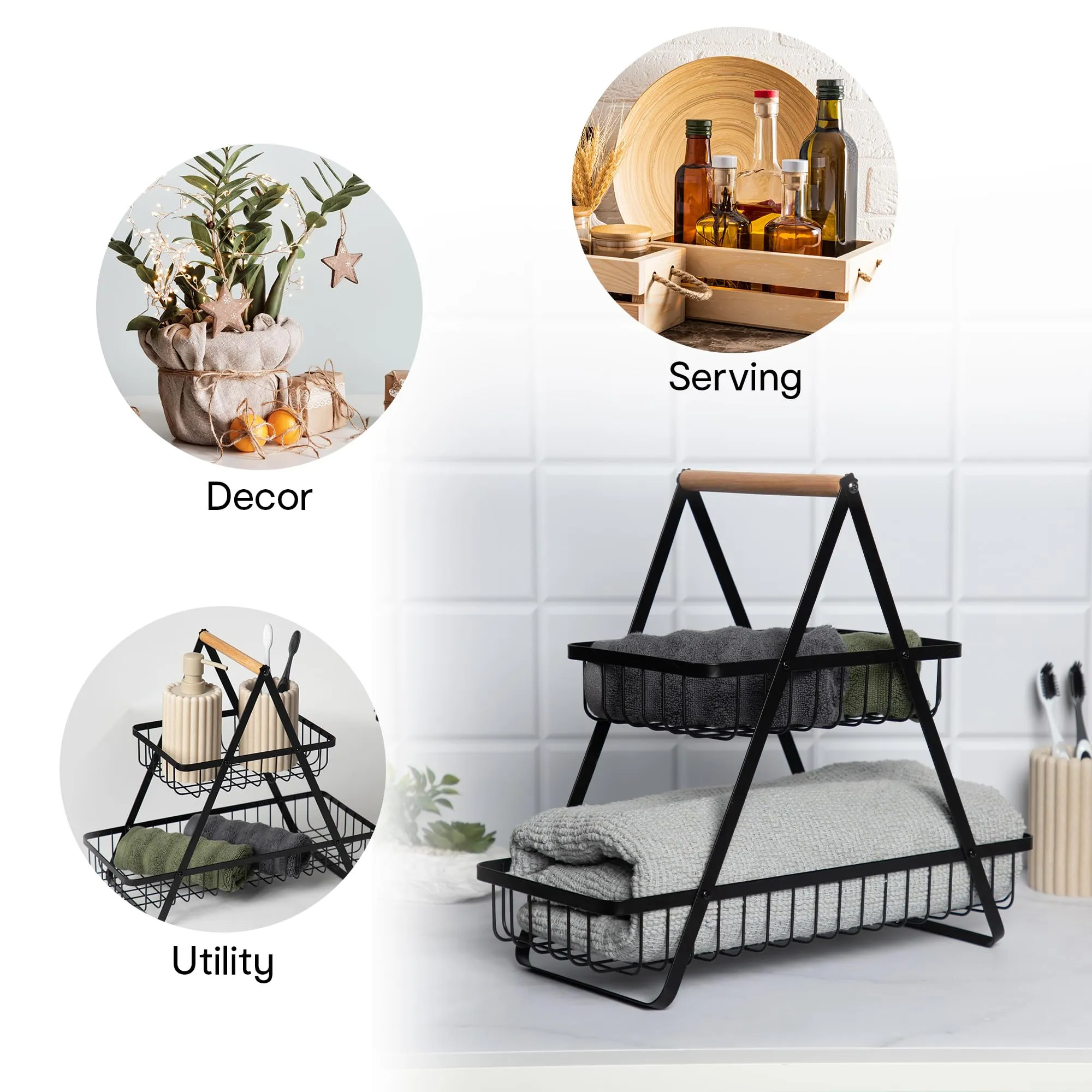 Anko 2 Tier Storage Basket | Decorative Fruit & Vegetable rack for Home, Kitchen, Bathroom | Countertop Stand Organizer For Dining Table, Cabinet, Shelf | Metal With Rubberwood Handle - Black
