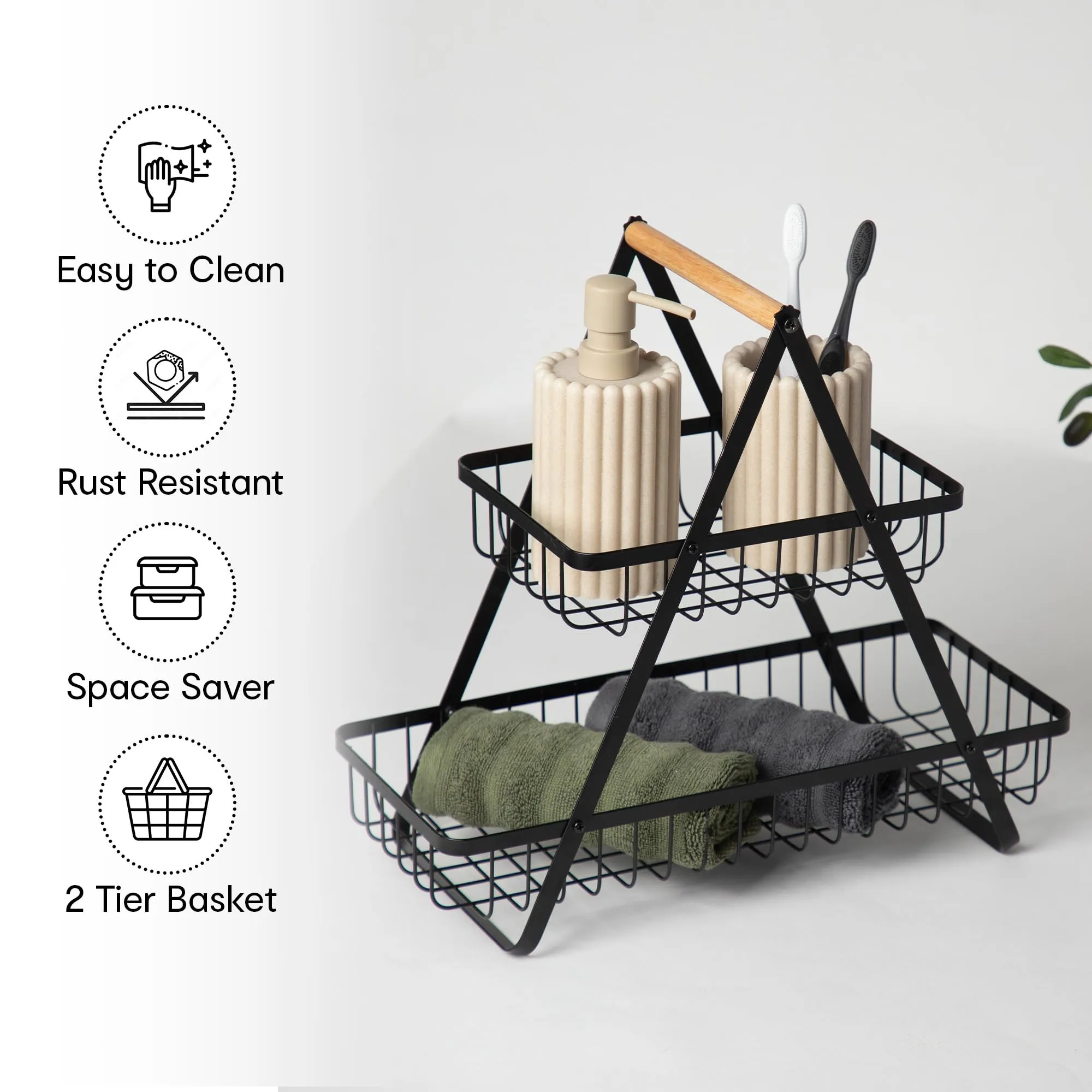 Anko 2 Tier Storage Basket | Decorative Fruit & Vegetable rack for Home, Kitchen, Bathroom | Countertop Stand Organizer For Dining Table, Cabinet, Shelf | Metal With Rubberwood Handle - Black
