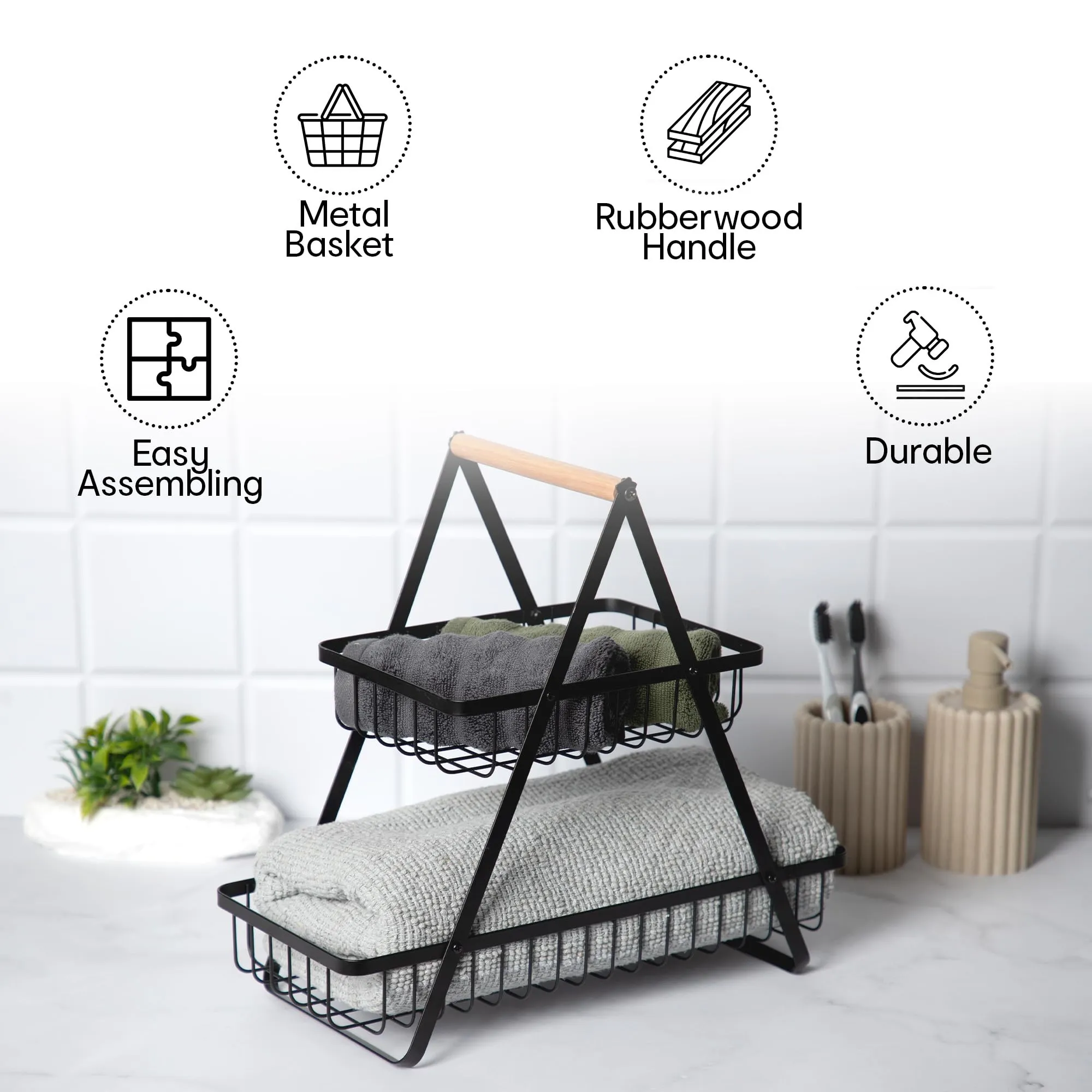 Anko 2 Tier Storage Basket | Decorative Fruit & Vegetable rack for Home, Kitchen, Bathroom | Countertop Stand Organizer For Dining Table, Cabinet, Shelf | Metal With Rubberwood Handle - Black