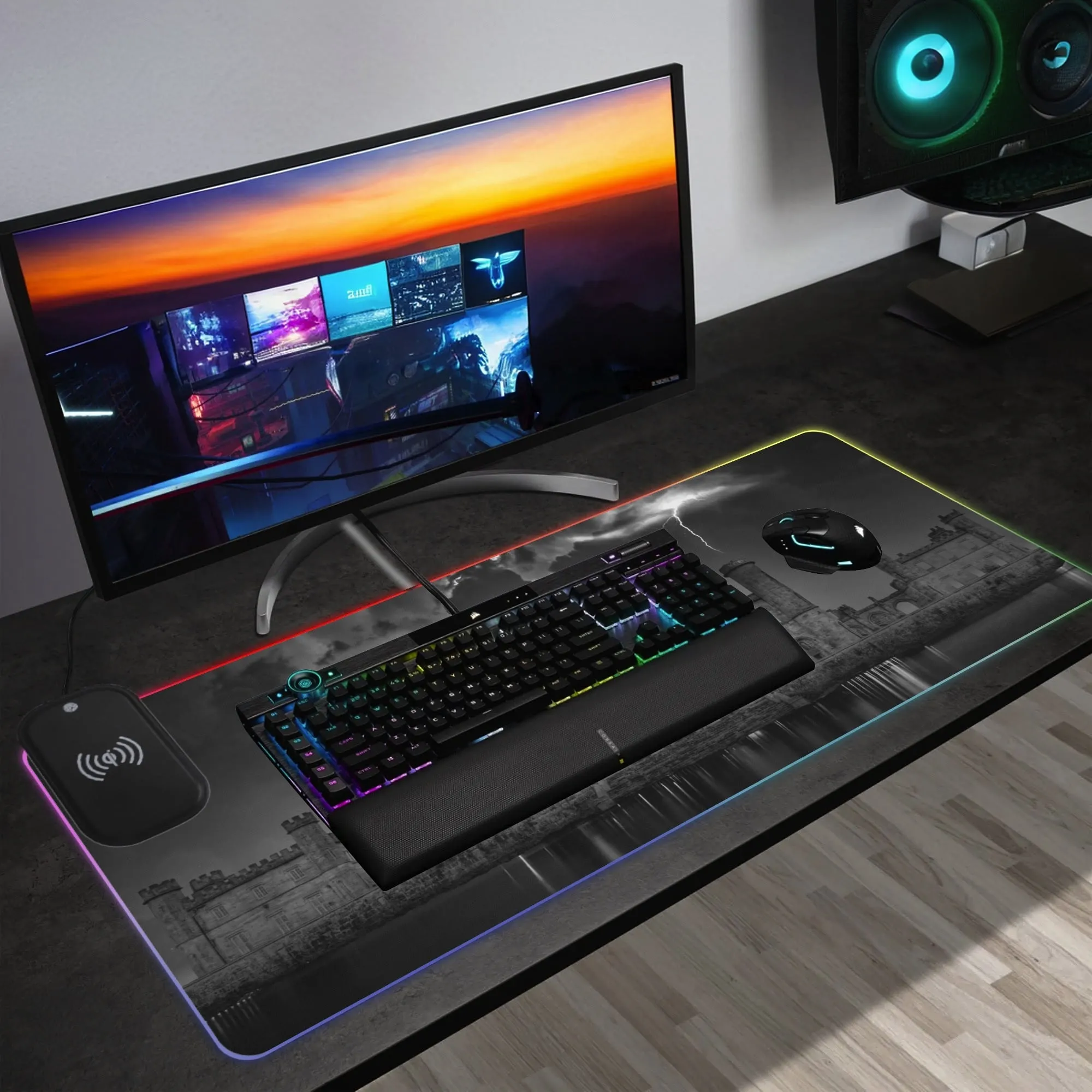 Electrified Castle Wireless Charging Rubber RGB Gaming Desk Mouse Pad