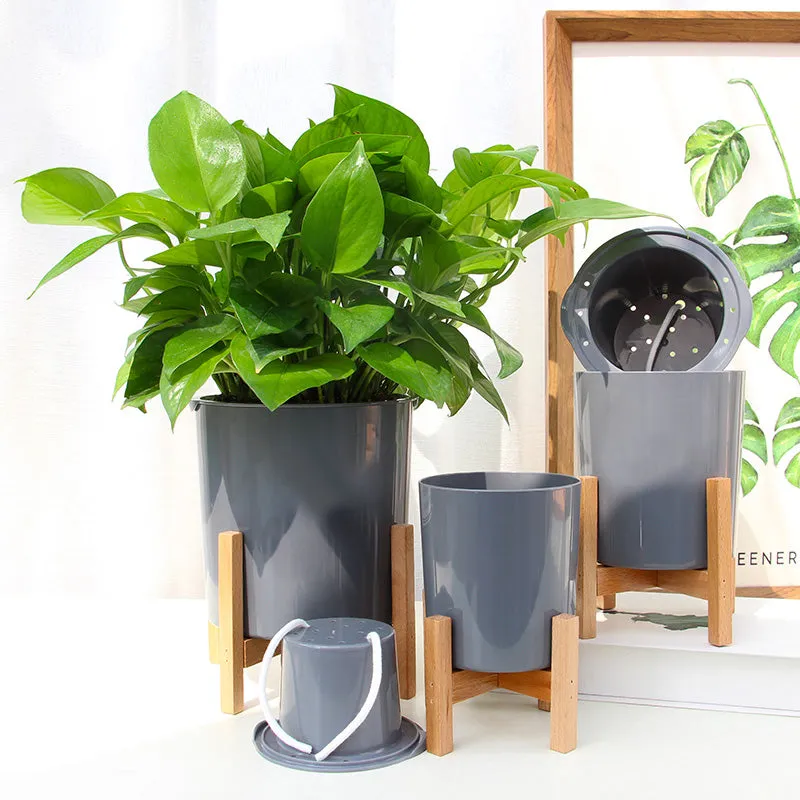 Modern Gray Plastic Plant Pot Stand with Wood Rack-M