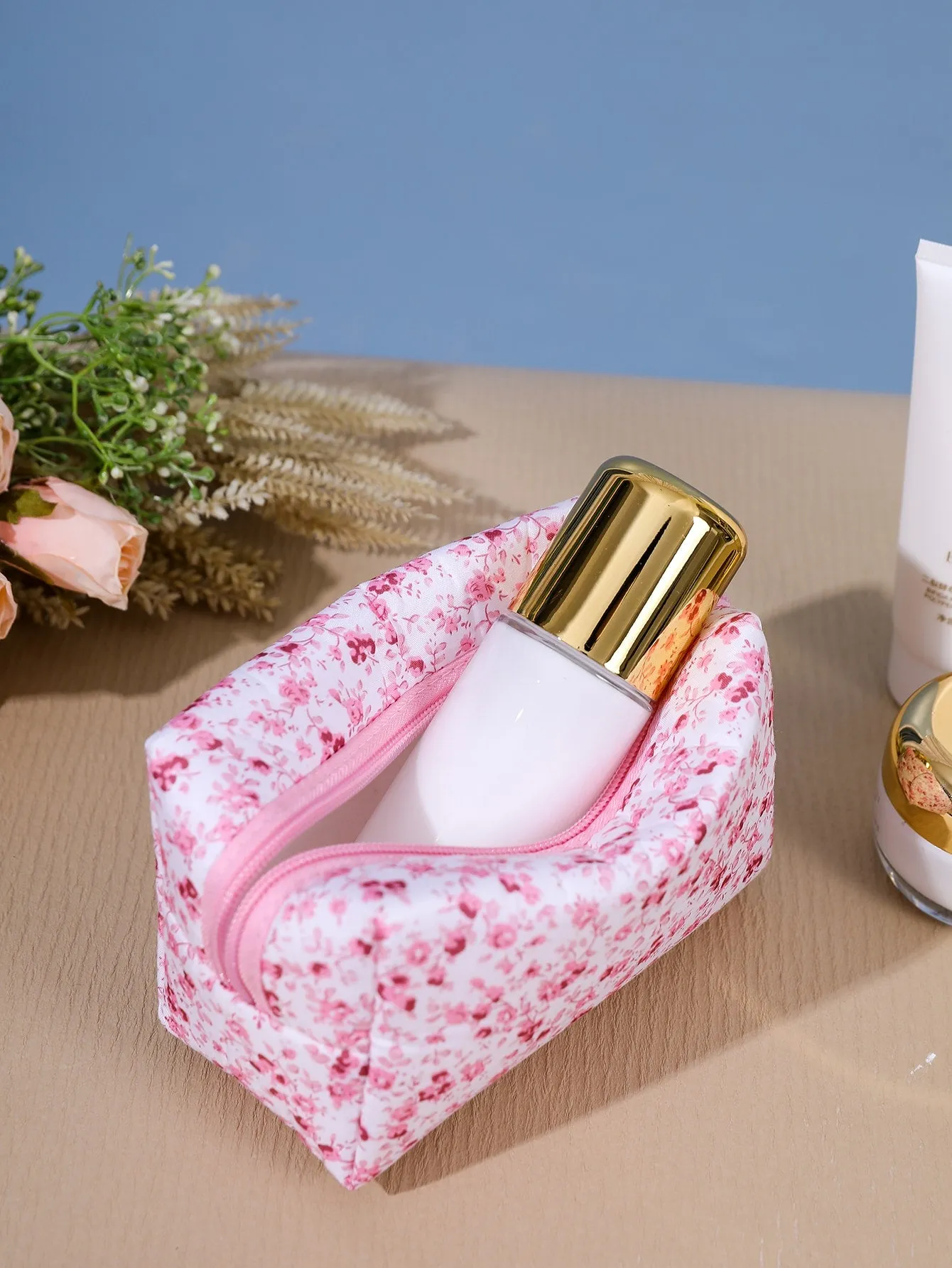 Pink Blooming Flower Pattern Makeup Bag Cosmetic Organizer Toiletries Bag Makeup