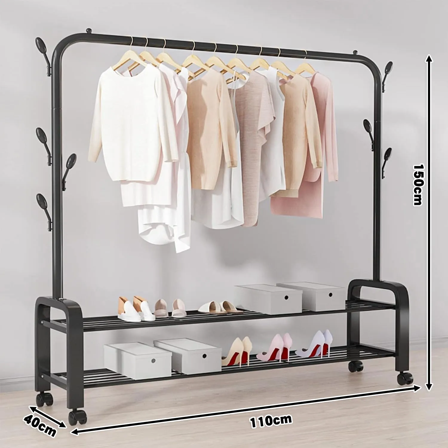 Portable Clothes Coat Garment Hanging Rack Shoe Storage Shelf Organizer Hanger