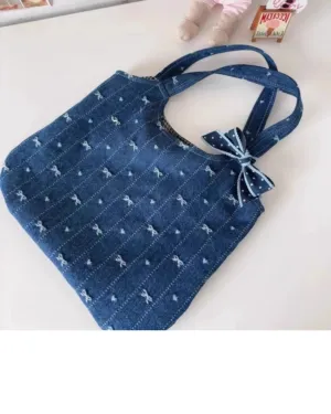 UAKISS  -  2024 New Korean Style Heart-shaped Pattern Bow Jacquard Denim Bag Large Capacity Handbag Fashion Girls Small Handbags