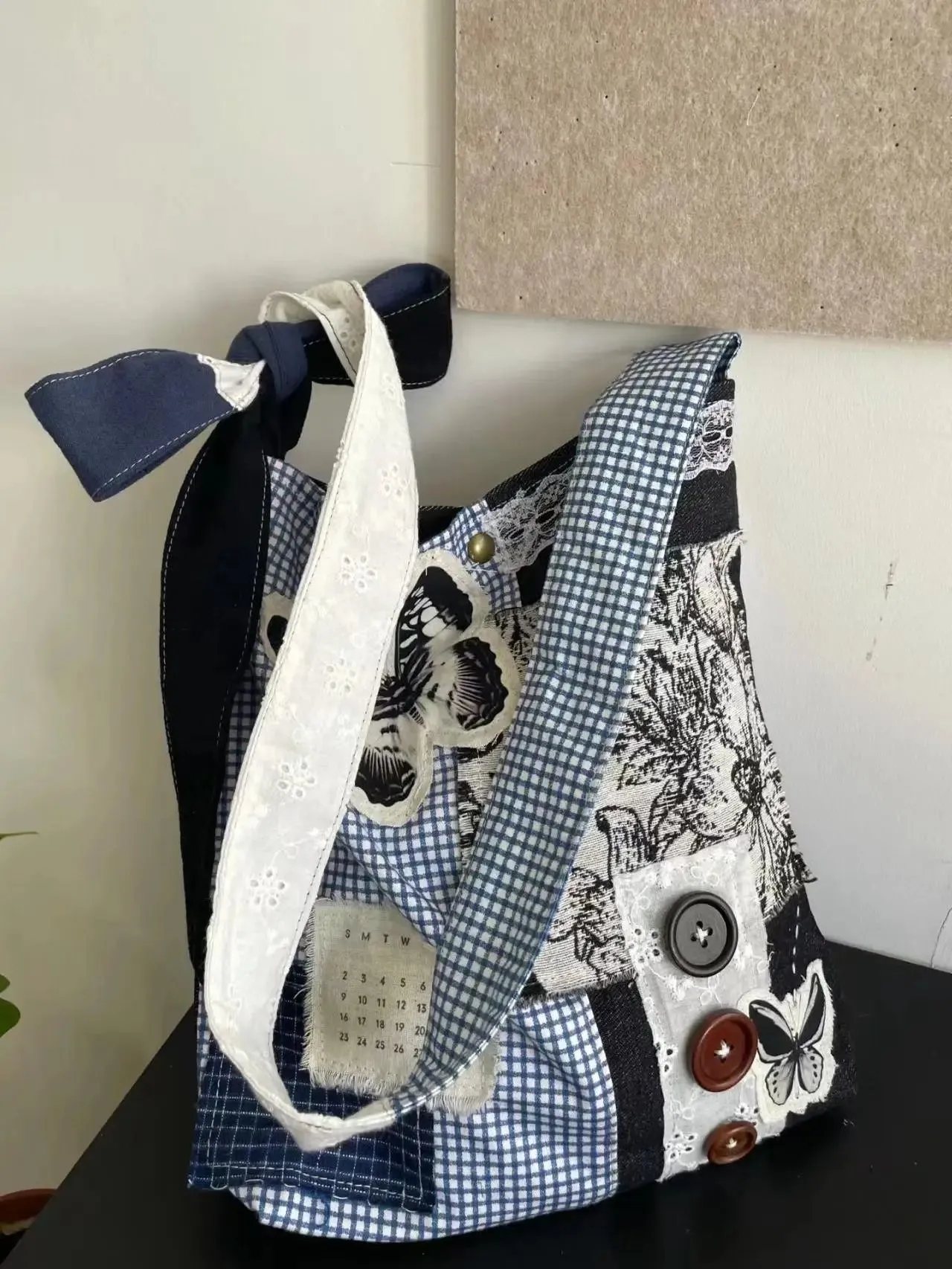 UAKISS  -  2024 New Niche Design Butterfly Plaid Splicing Bucket Cloth Bags Causal Versatile Single Shoulder Crossbody Bag