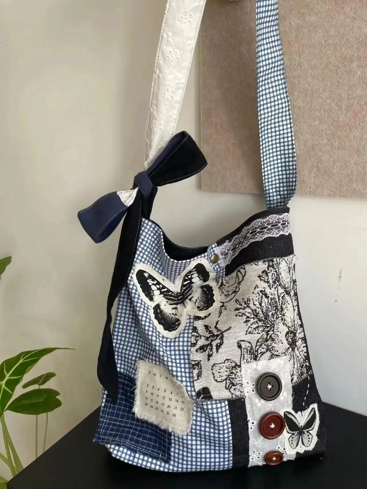 UAKISS  -  2024 New Niche Design Butterfly Plaid Splicing Bucket Cloth Bags Causal Versatile Single Shoulder Crossbody Bag