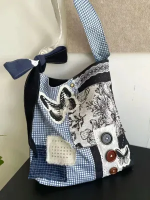 UAKISS  -  2024 New Niche Design Butterfly Plaid Splicing Bucket Cloth Bags Causal Versatile Single Shoulder Crossbody Bag