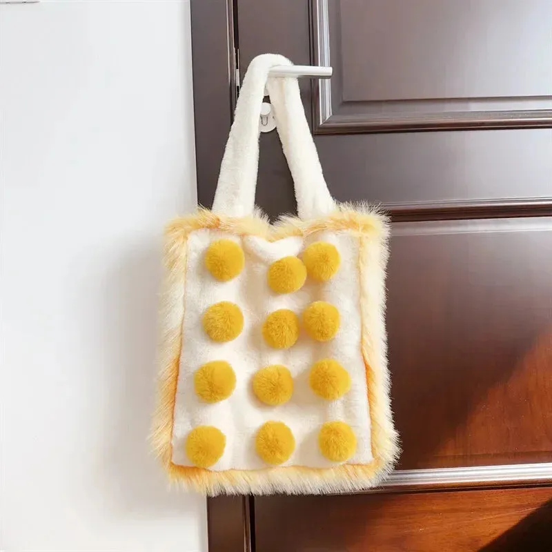 UAKISS  -  Autumn Winter Large Capacity Plush Bag Contrast Color Girl Cute Student Bag Fashion One Shoulder Handheld Tote Bag