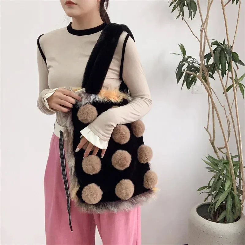 UAKISS  -  Autumn Winter Large Capacity Plush Bag Contrast Color Girl Cute Student Bag Fashion One Shoulder Handheld Tote Bag