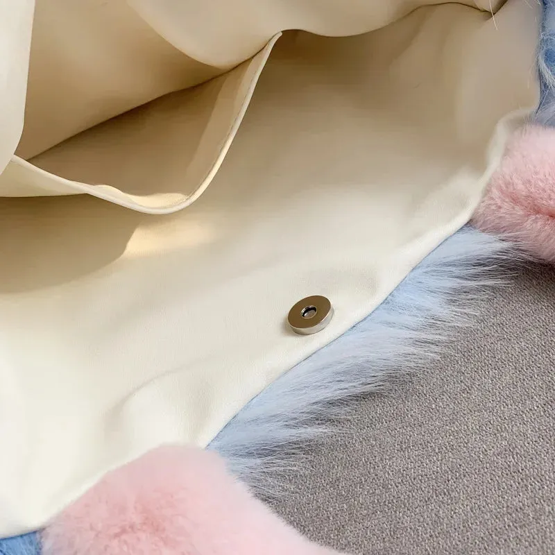 UAKISS  -  Autumn Winter Large Capacity Plush Bag Contrast Color Girl Cute Student Bag Fashion One Shoulder Handheld Tote Bag