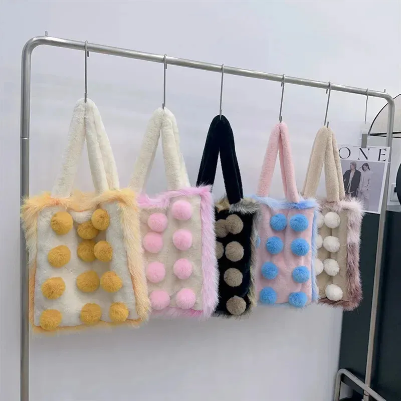 UAKISS  -  Autumn Winter Large Capacity Plush Bag Contrast Color Girl Cute Student Bag Fashion One Shoulder Handheld Tote Bag