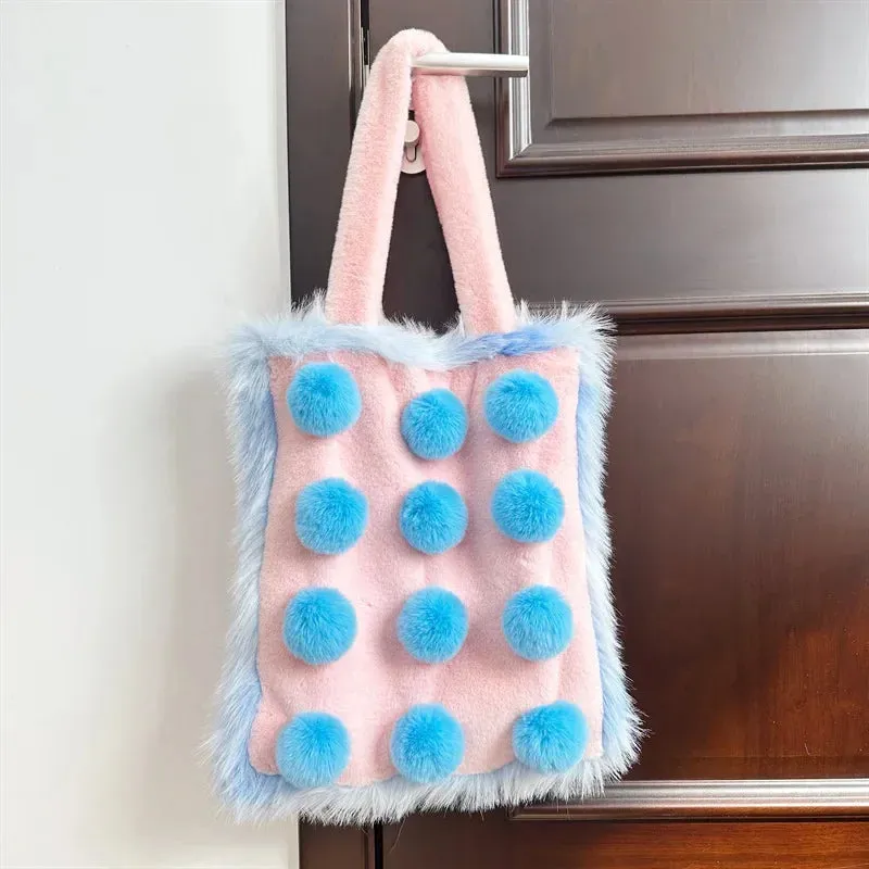 UAKISS  -  Autumn Winter Large Capacity Plush Bag Contrast Color Girl Cute Student Bag Fashion One Shoulder Handheld Tote Bag
