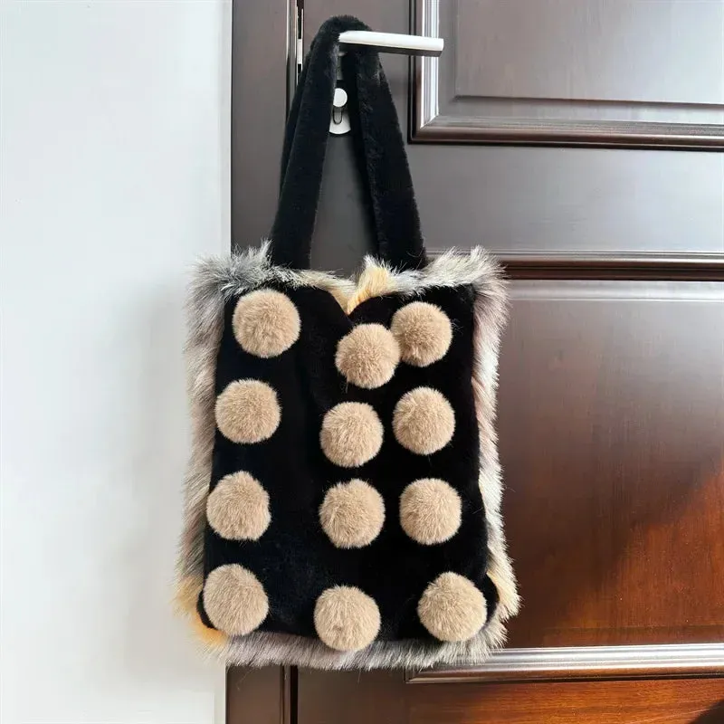 UAKISS  -  Autumn Winter Large Capacity Plush Bag Contrast Color Girl Cute Student Bag Fashion One Shoulder Handheld Tote Bag