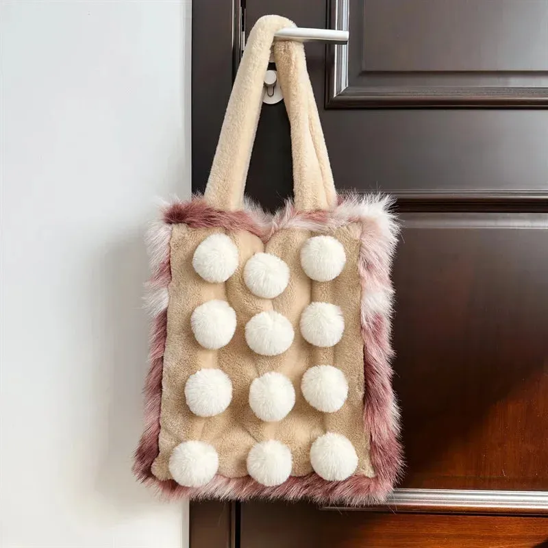 UAKISS  -  Autumn Winter Large Capacity Plush Bag Contrast Color Girl Cute Student Bag Fashion One Shoulder Handheld Tote Bag