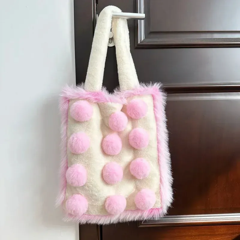 UAKISS  -  Autumn Winter Large Capacity Plush Bag Contrast Color Girl Cute Student Bag Fashion One Shoulder Handheld Tote Bag