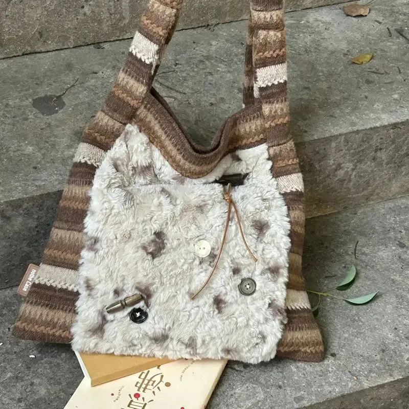 UAKISS  -   Autumn/Winter New Retro Spliced Button Tote Bag Versatile Casual Large Capacity Striped Crossbody Shoulder Bags