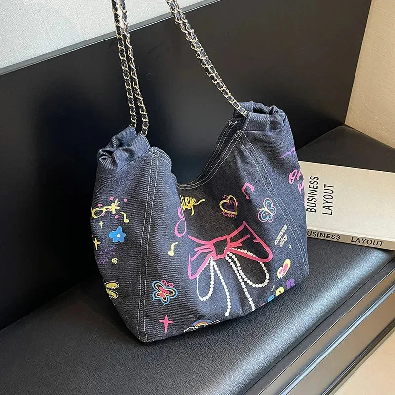 UAKISS  -   Denim Women's Large Capacity 2024 New Chain Crossbody Bag Casual Class Commuting Tote Bags
