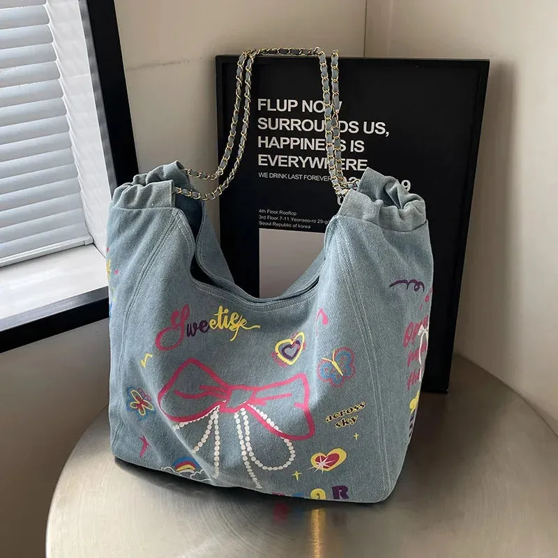 UAKISS  -   Denim Women's Large Capacity 2024 New Chain Crossbody Bag Casual Class Commuting Tote Bags